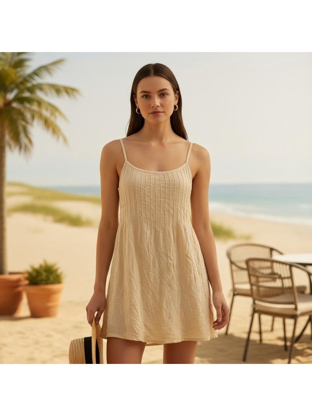 Women's Rowie Beige Ribbed Knit Mini Dress S